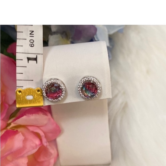 Multi Colored Tourmaline Gemstone Stud Earring With Halo Pave CZ Setting NEW - Picture 4 of 4